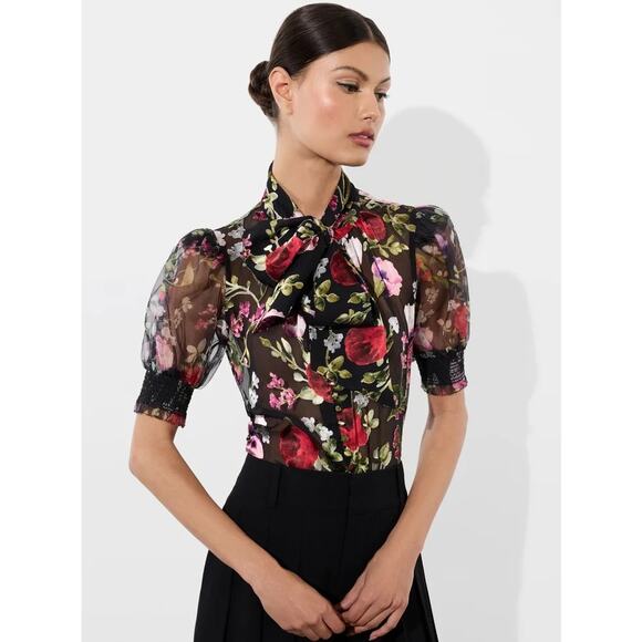 RESERVED: ALICE + OLIVIA Brentley Floral Tie Neck Puff Sleeve Romantic Top - Picture 1 of 10